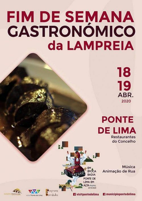 Cartaz de divulgação do Fim-de-semana gastronómico da lampreia em Ponte de Lima - 18 e 19 de Abril de 2020