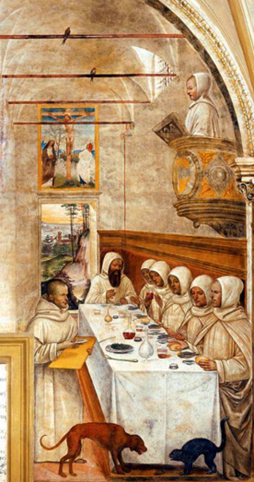 São Bento e os seus monges no refeitório do mosteiro