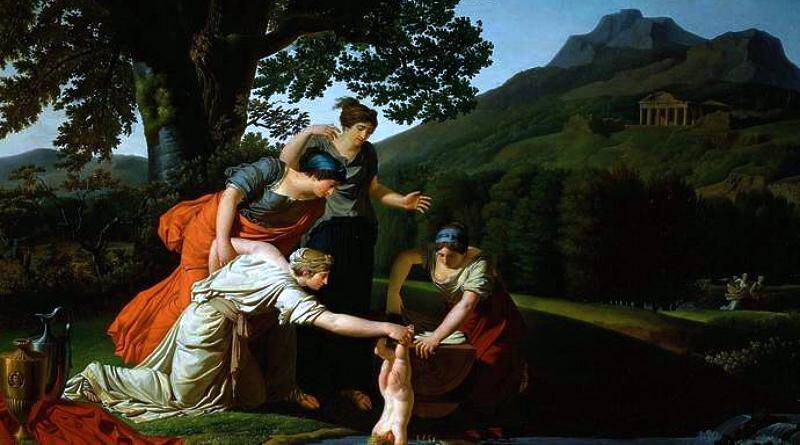 Tétis segura seu filho, Aquiles, pelo calcanhar (tendão) e mergulha-o no Rio Estige.