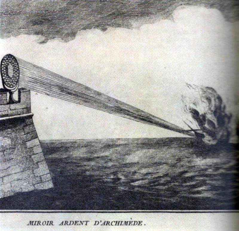 Espelhos inventados por Arquimedes, destroem navios de guerra romanos durante o cerco a Siracusa